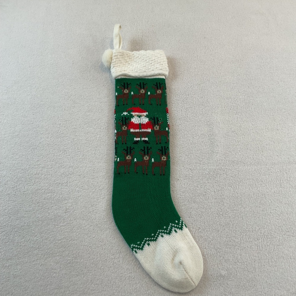 Vintage Style Knit Christmas Stocking Green Santa Reindeer Pom Pom